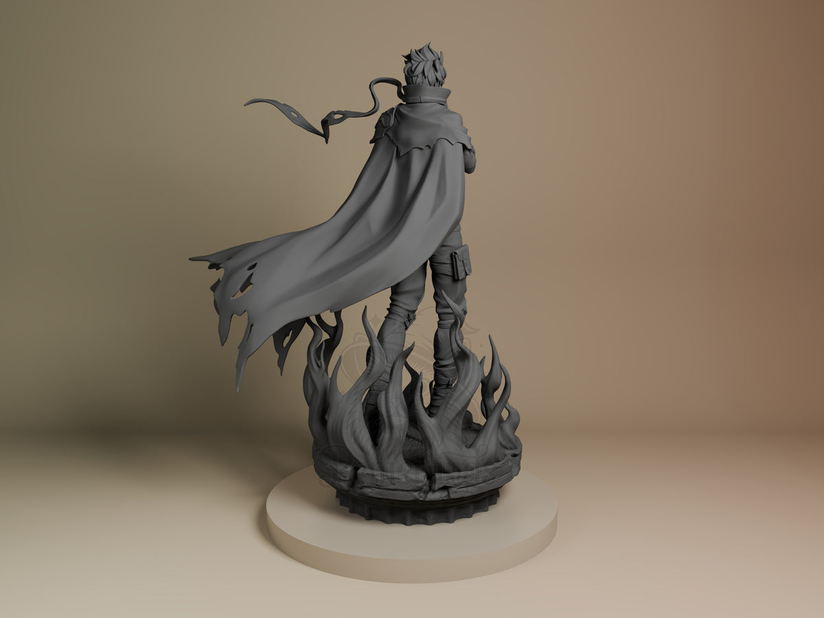 Sung Jin-Woo resin figure from back, showing cape detail, spiky hair, and flame-effect base, unpainted gray prototype.