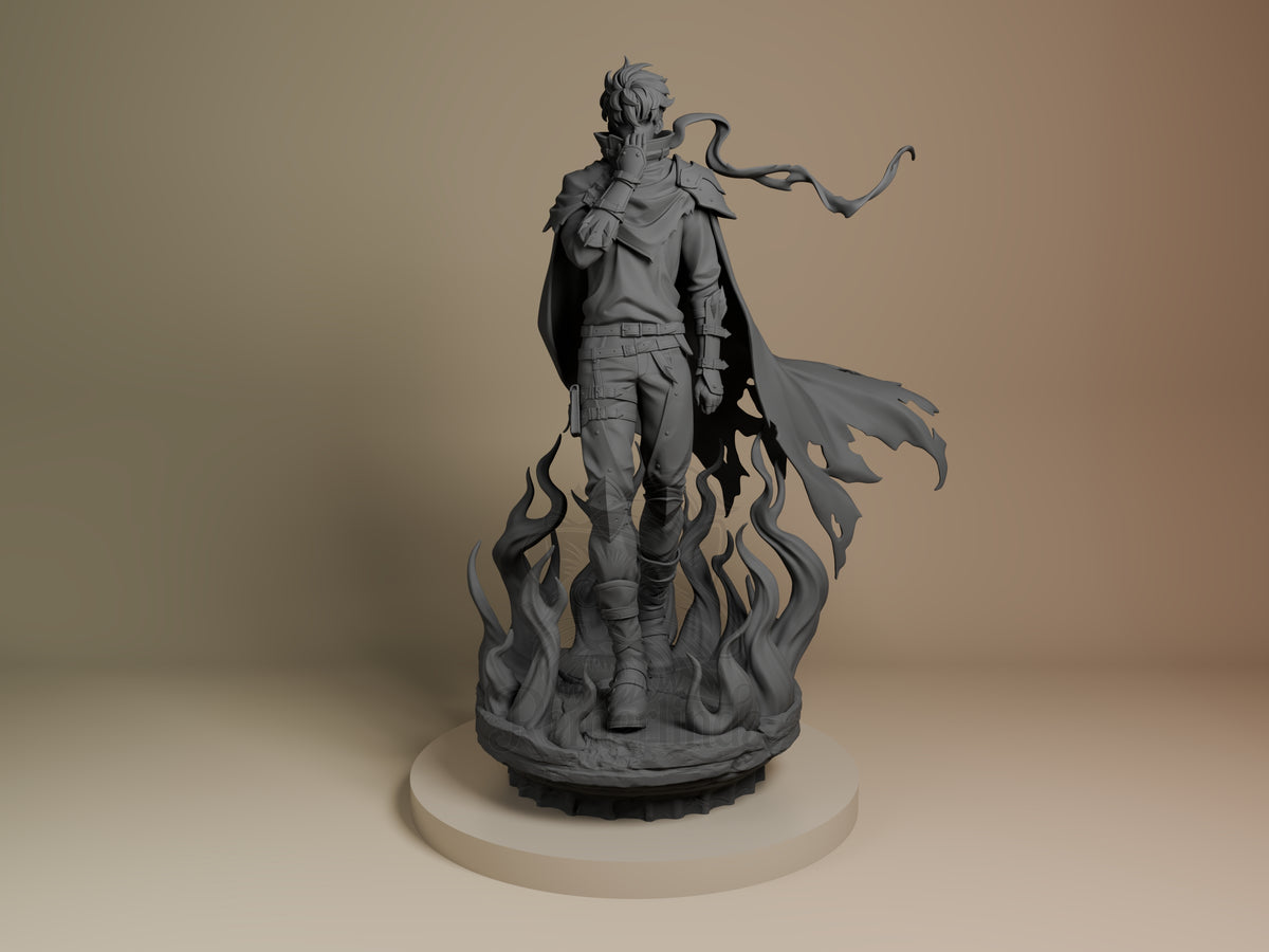 Sung Jin-Woo resin figure from Solo Leveling, unpainted gray, standing on flame base with cape flowing, front view.
