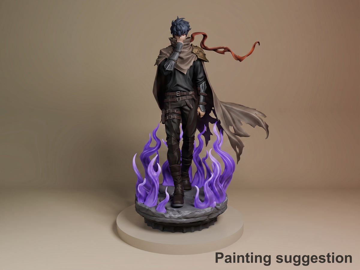 Sung Jin-Woo resin figure in black tactical outfit with purple flame base, standing pose, fully painted with tan cape and red hair accessory.