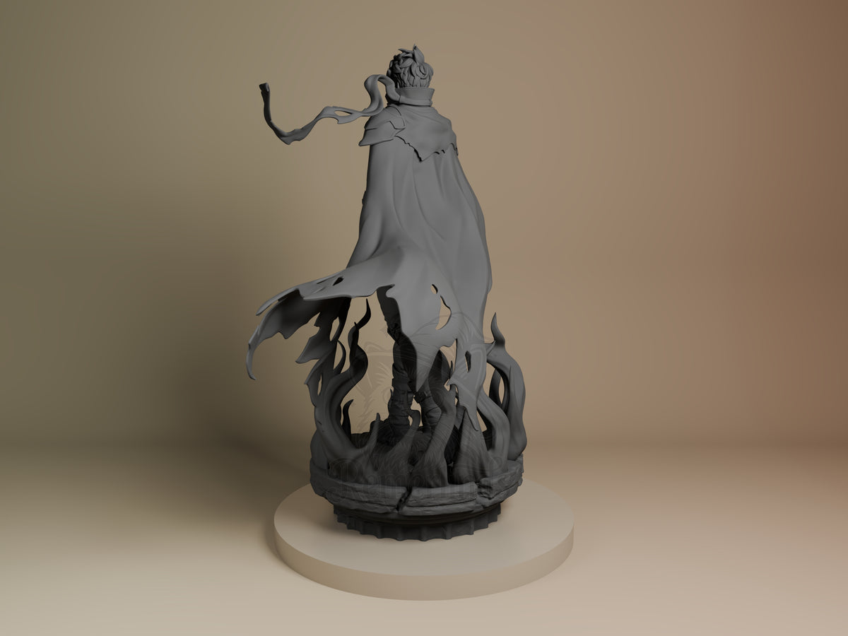 Sung Jin-Woo resin figure from Solo Leveling, left side view, unpainted gray, dynamic pose with flowing cape, dark rocky base, seated position.