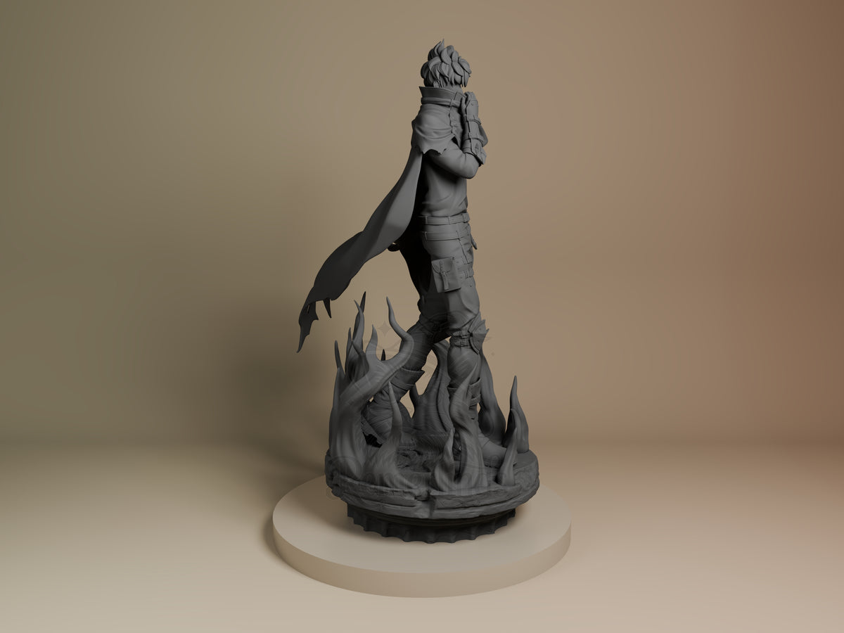 Sung Jin-Woo resin figure from Solo Leveling, shown from right angle standing on flame base with cape flowing, unpainted gray finish.