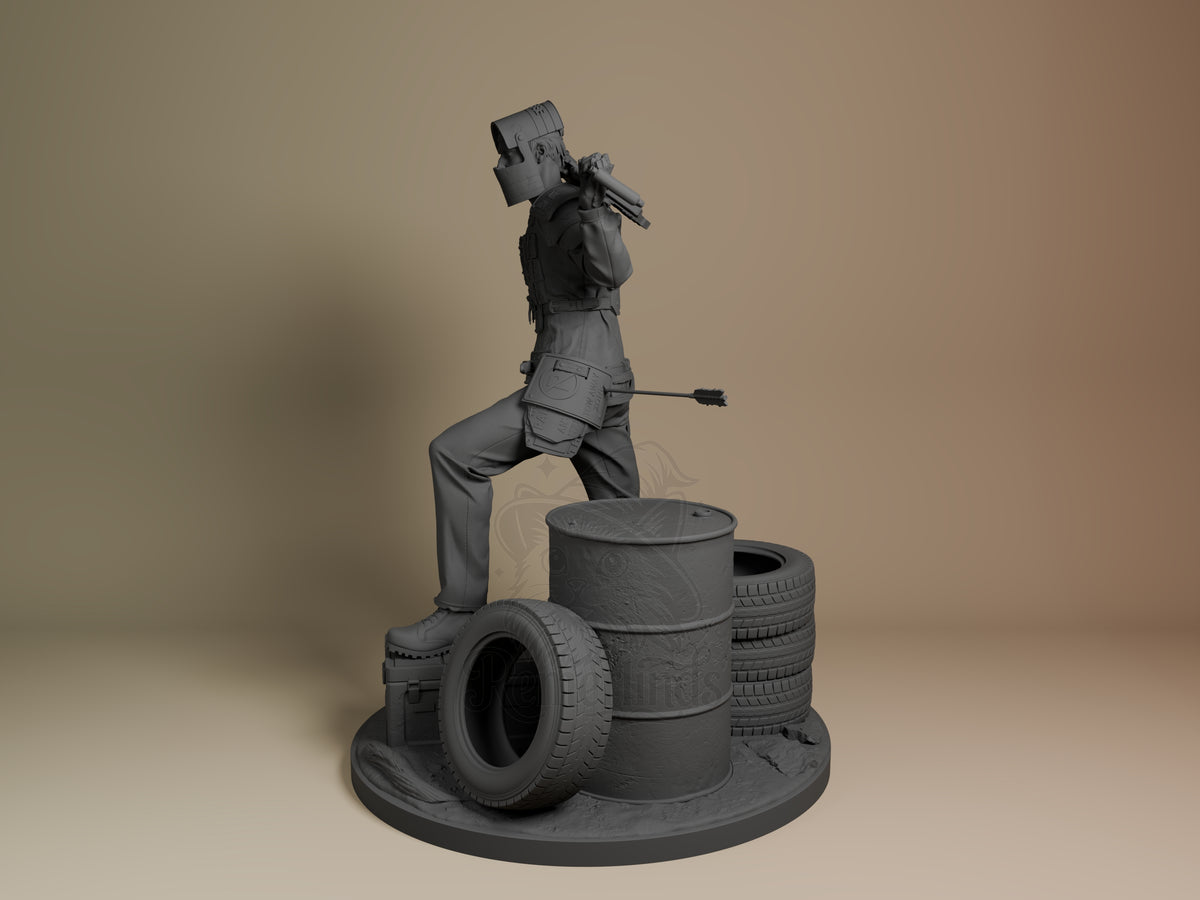 Survivor resin figure from Rust shown at angle, standing on stacked tires and barrel base, holding weapon, unpainted gray finish.
