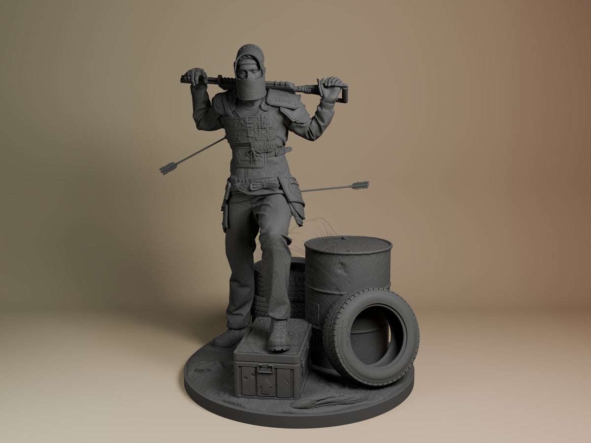 Survivor resin figure from Rust stands on base with barrel and crate, holding pipe wrench across shoulders, unpainted gray finish, front view.