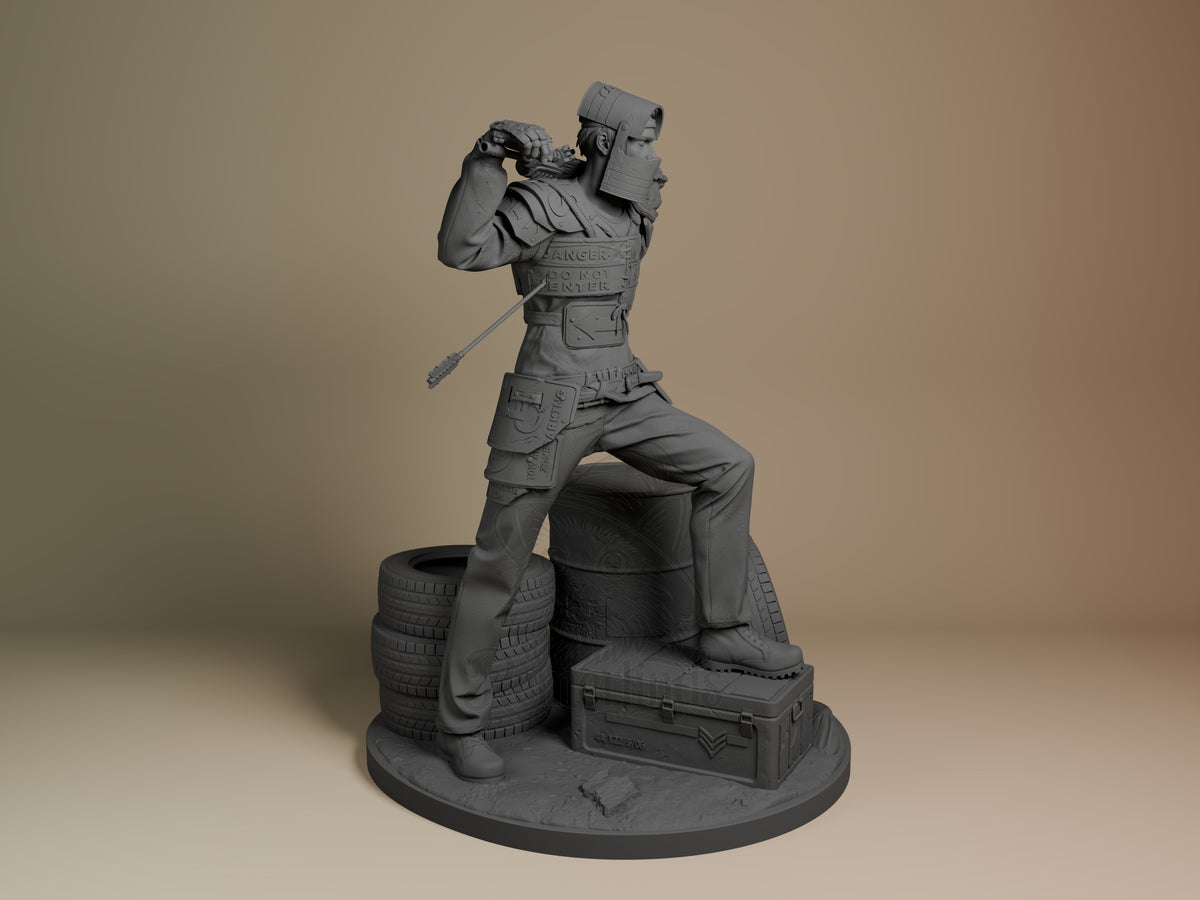Survivor resin figure from Rust shown from right side angle, unpainted gray, standing on base with tires and crates, holding binoculars.