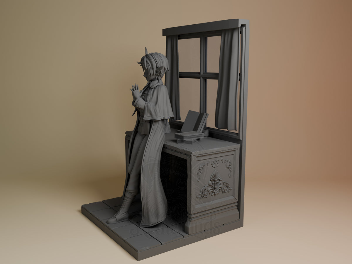 Sylphiette resin figure from Mushoku Tensei shown at angle, standing by desk with window, detailed base, unpainted gray finish.