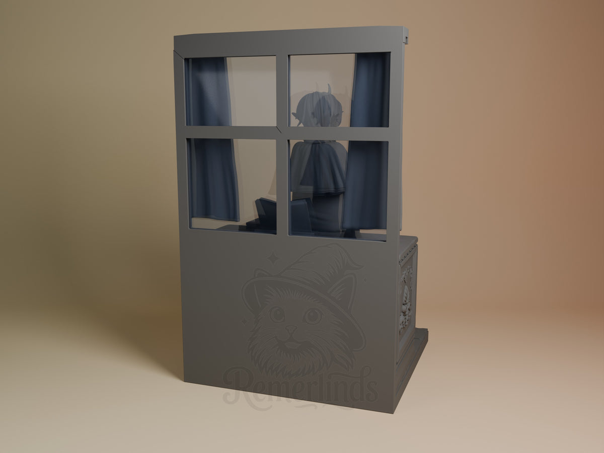 Sylphiette resin figure from Mushoku Tensei shown from back, displayed in gray booth with windows, long hair visible, unpainted base with cat design.