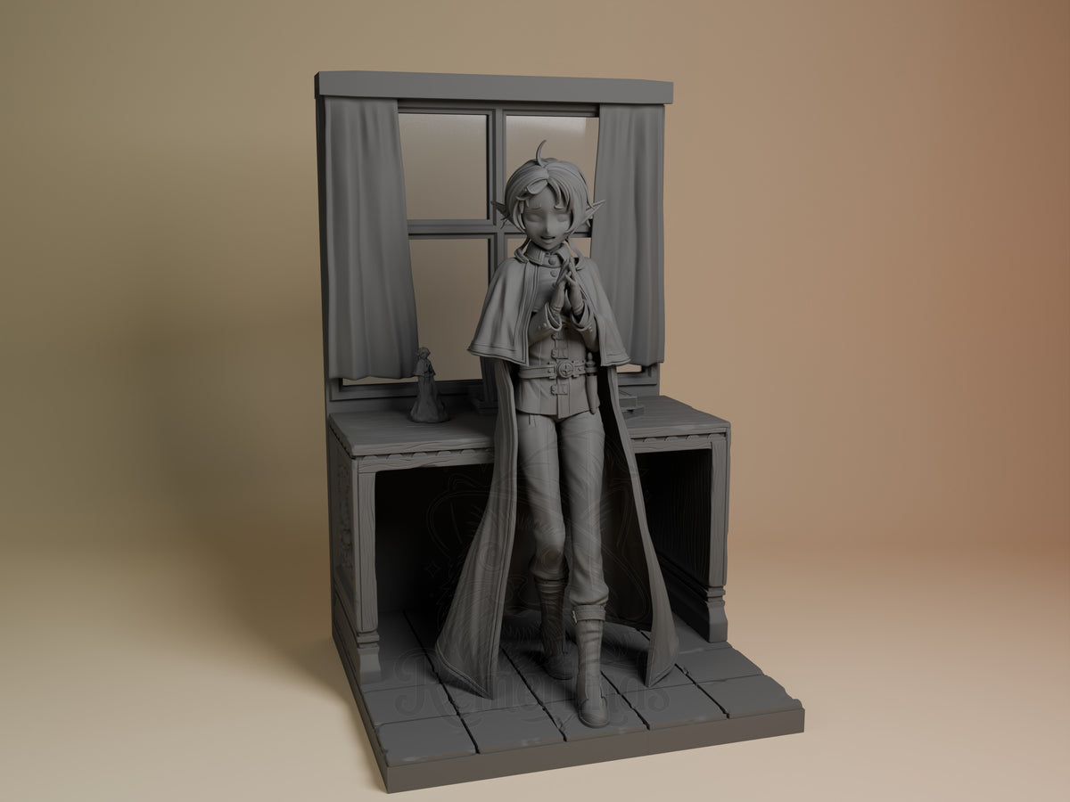 Sylphiette resin figure from Mushoku Tensei, unpainted gray, standing in cape with hands clasped, windowed room diorama base, front view.