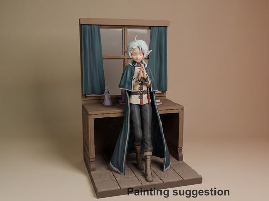 Sylphiette resin figure from Mushoku Tensei in painted form, standing in a bedroom diorama with hands clasped, wearing a dark cape and light tunic.