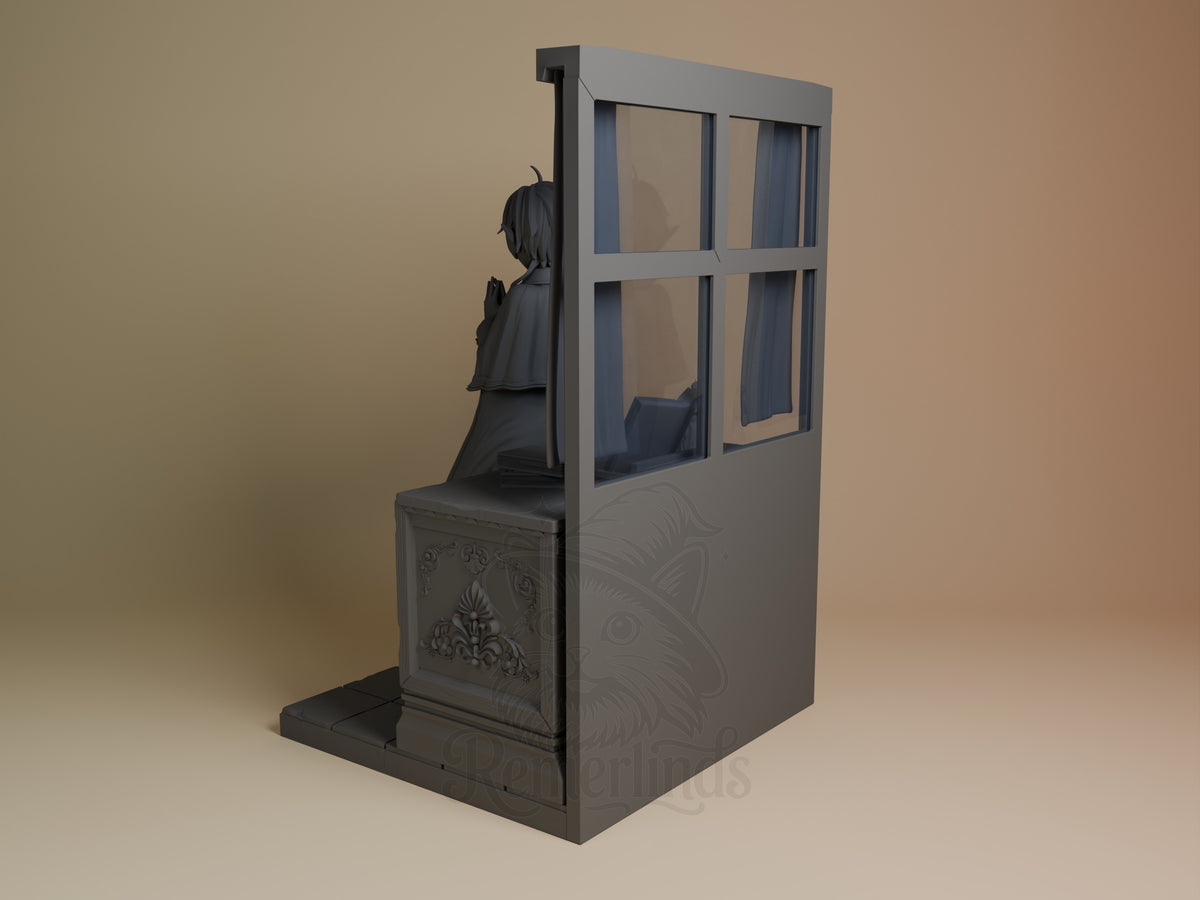 Sylphiette resin figure from Mushoku Tensei shown from left side in detailed box diorama display, seated pose with painted details.
