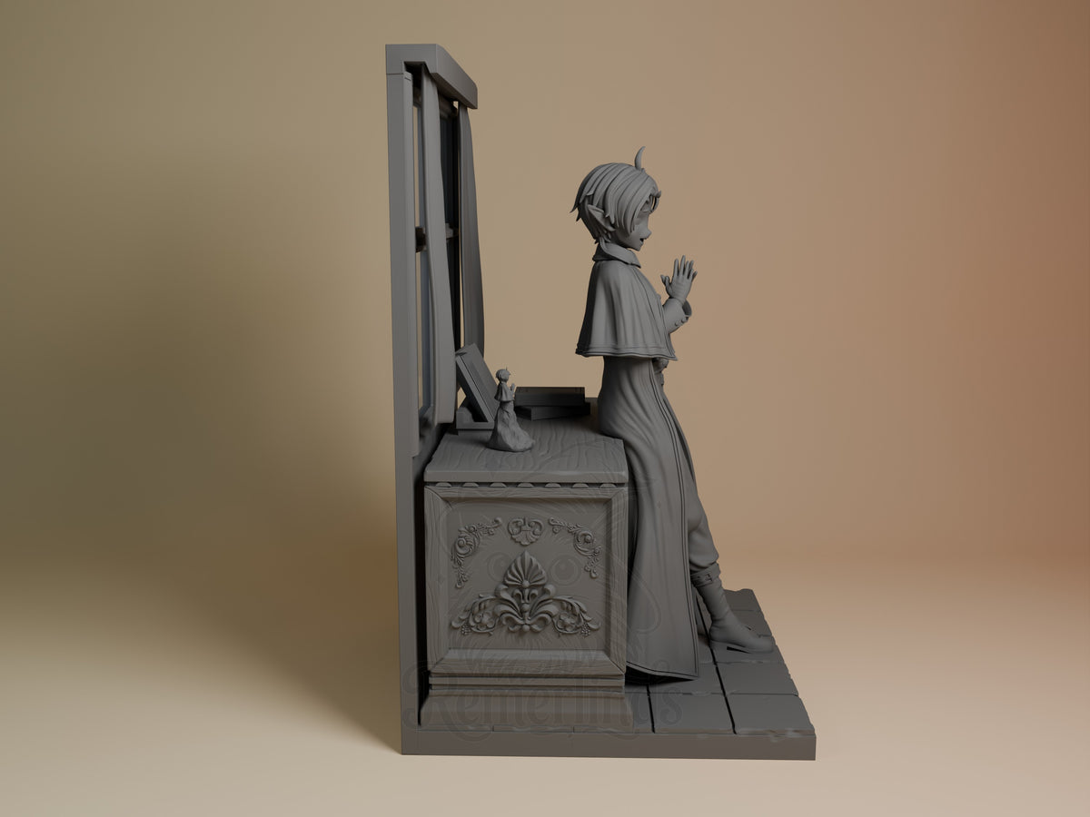 Sylphiette resin figure from Mushoku Tensei shown from the right side, standing beside an ornate guillotine prop on a rectangular base, unpainted gray resin.