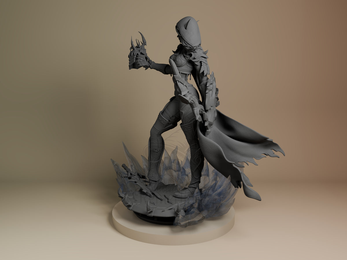 Sylvanas Windrunner resin figure angled view showing her armored pose with cape, holding her helm, on a detailed base.