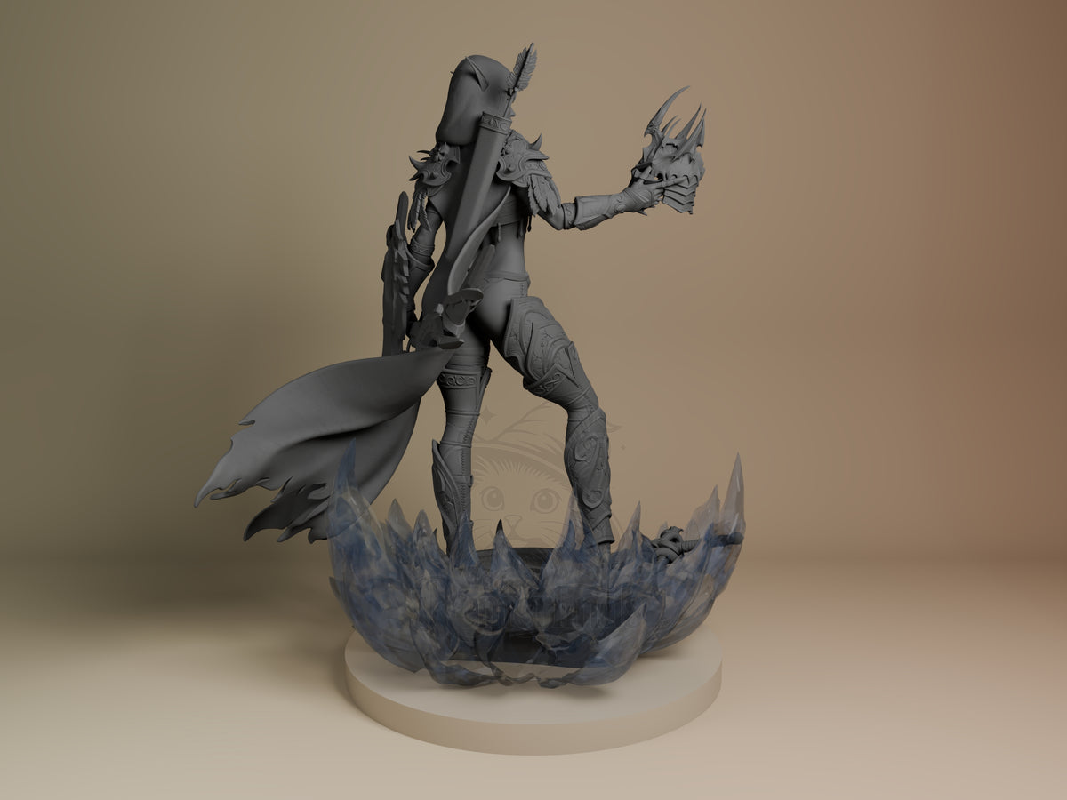 Sylvanas Windrunner resin figure shown from back, dynamic pose with cape flowing, holding gauntleted fist aloft, unpainted gray on spiky base.
