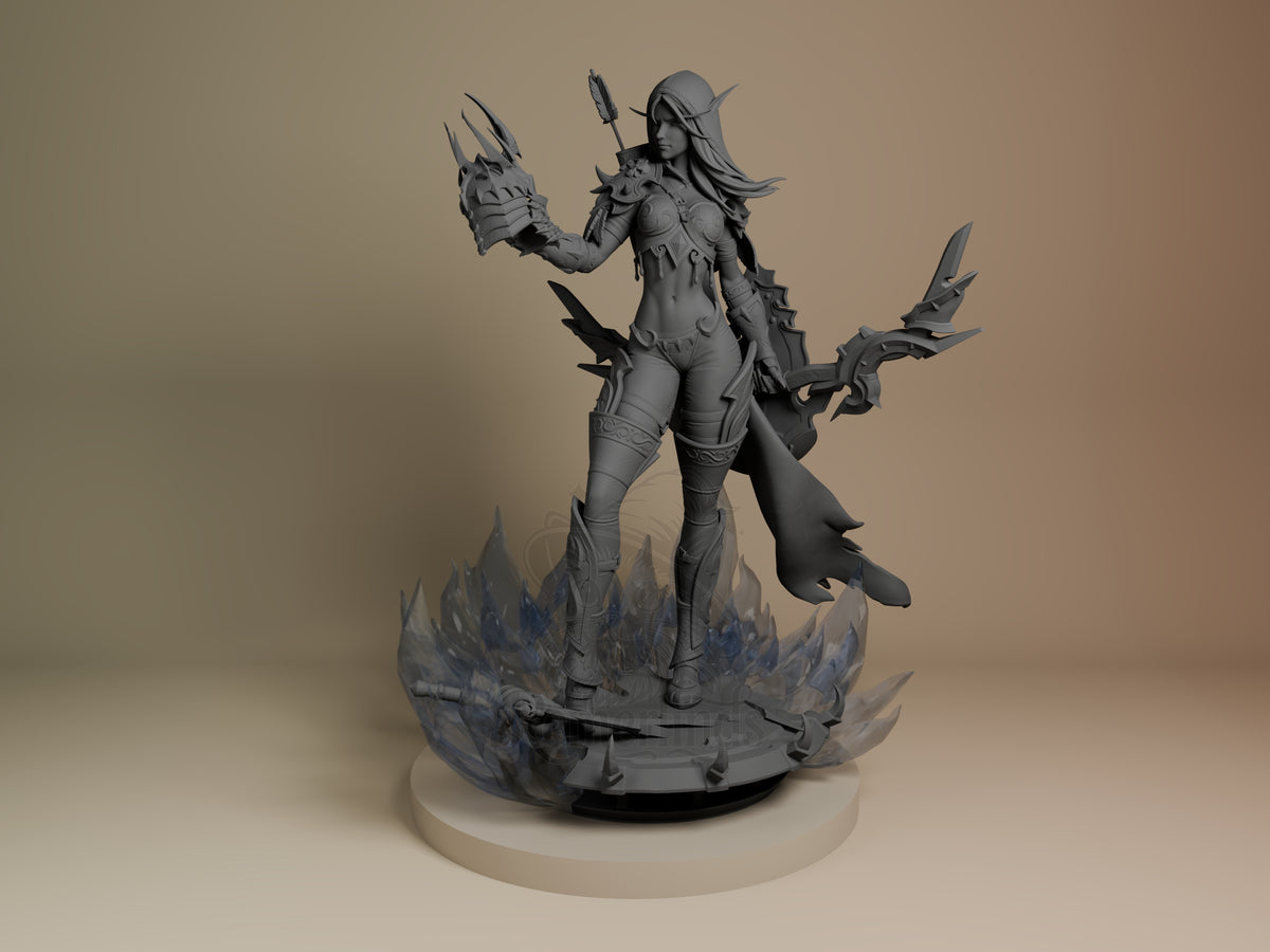 Sylvanas Windrunner resin figure from World of Warcraft, unpainted gray resin, front view standing on circular base with flame effects, dual-wielding ornate weapons, detailed armor and long hair sculpted.
