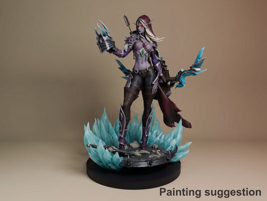 Sylvanas Windrunner resin figure painted in purple armor with cyan weapons, posed dynamically on an icy blue base against neutral background.