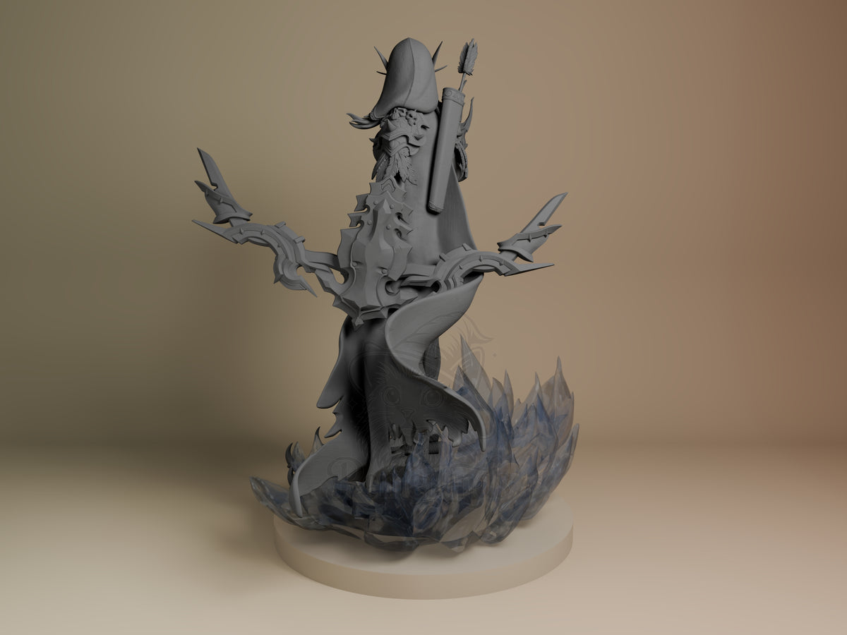 Sylvanas Windrunner resin figure shown from left angle, unpainted gray, featuring dual wing-blades, staff, and flaming base detail.