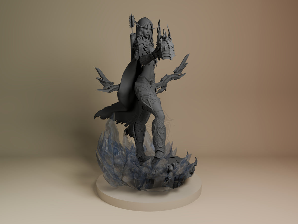 Sylvanas Windrunner resin figure from World of Warcraft, unpainted gray, shown from right angle in dynamic pose with dual blades on flame base.