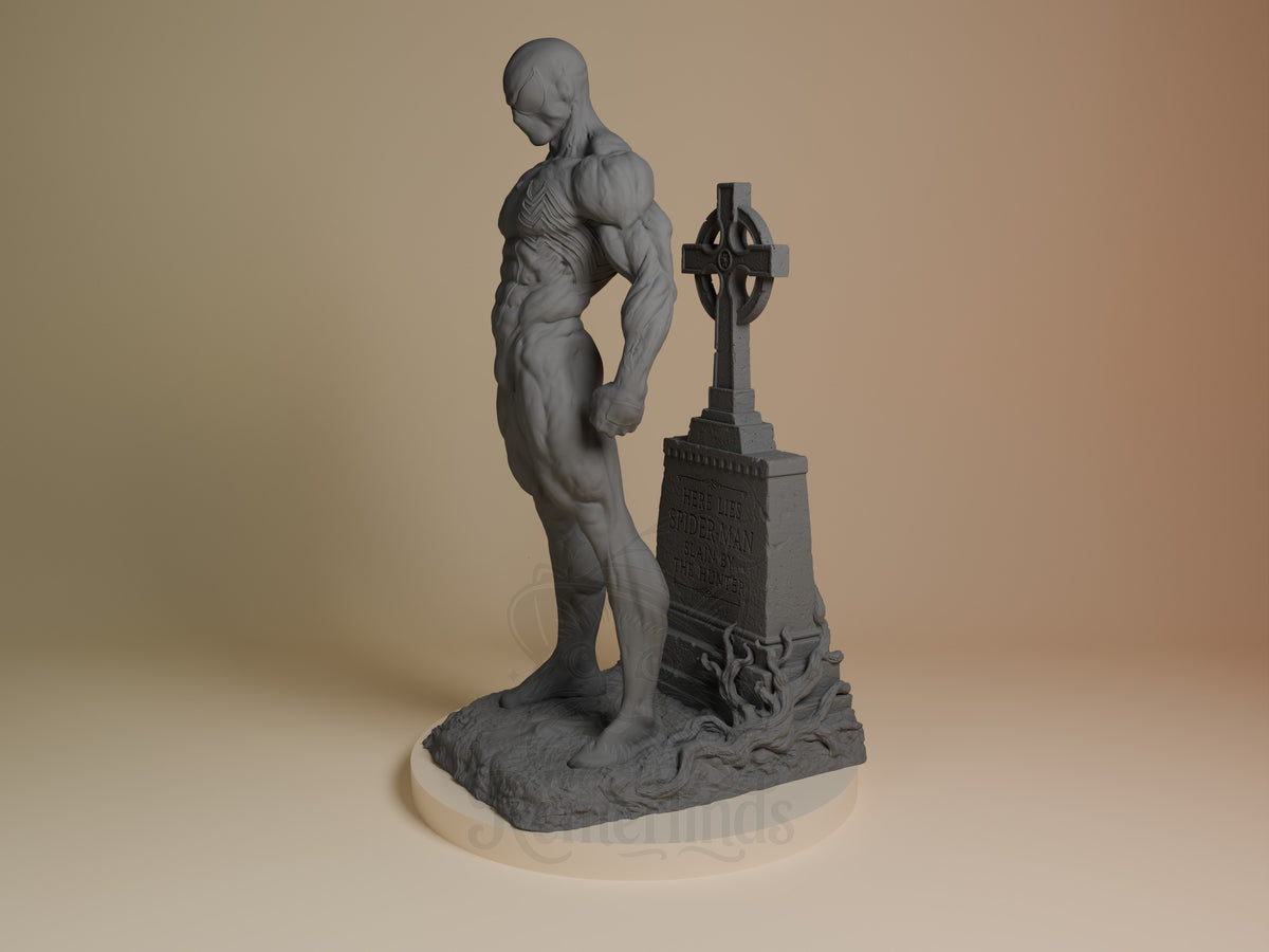 Venom resin figure in dynamic pose beside grave monument, showcasing muscular detail and unpainted gray finish on angled view.