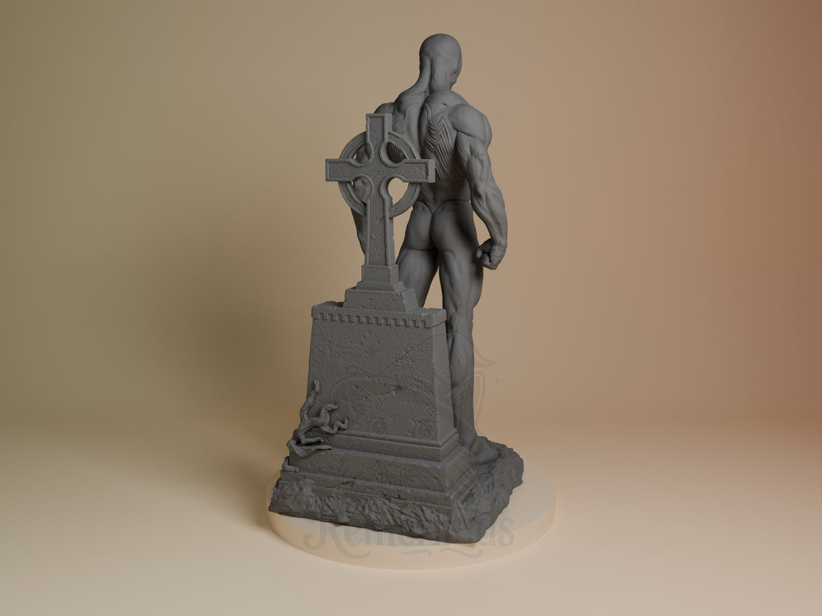 Venom resin figure from Spiderman, back view, standing shirtless on stone base with Celtic cross, unpainted gray finish.