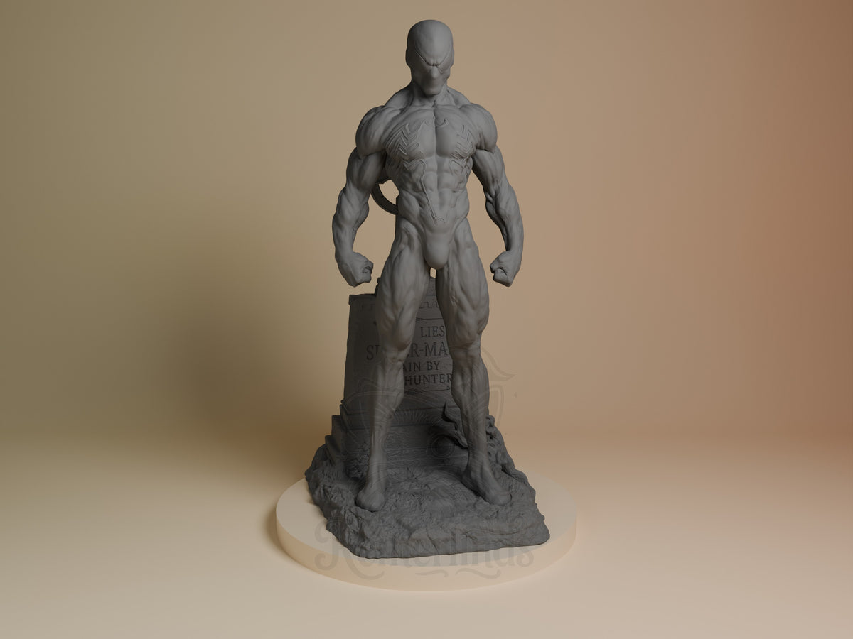 Venom resin figure standing front-facing on rocky base, showing muscular torso with symbiote detailing, unpainted gray finish, hands at sides.