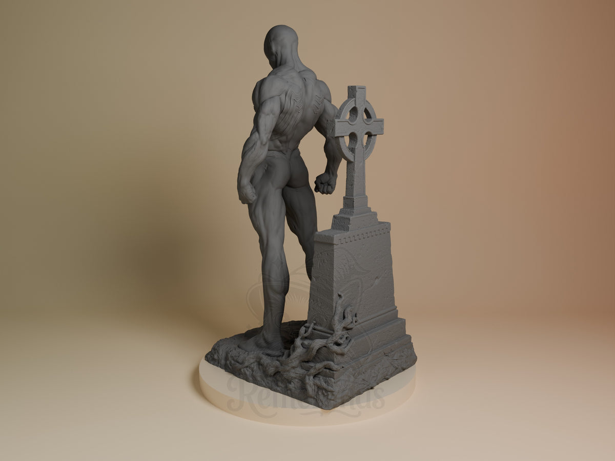 Venom resin figure shown from left side, standing shirtless beside ornate Celtic cross monument base, detailed musculature visible, unpainted gray finish.