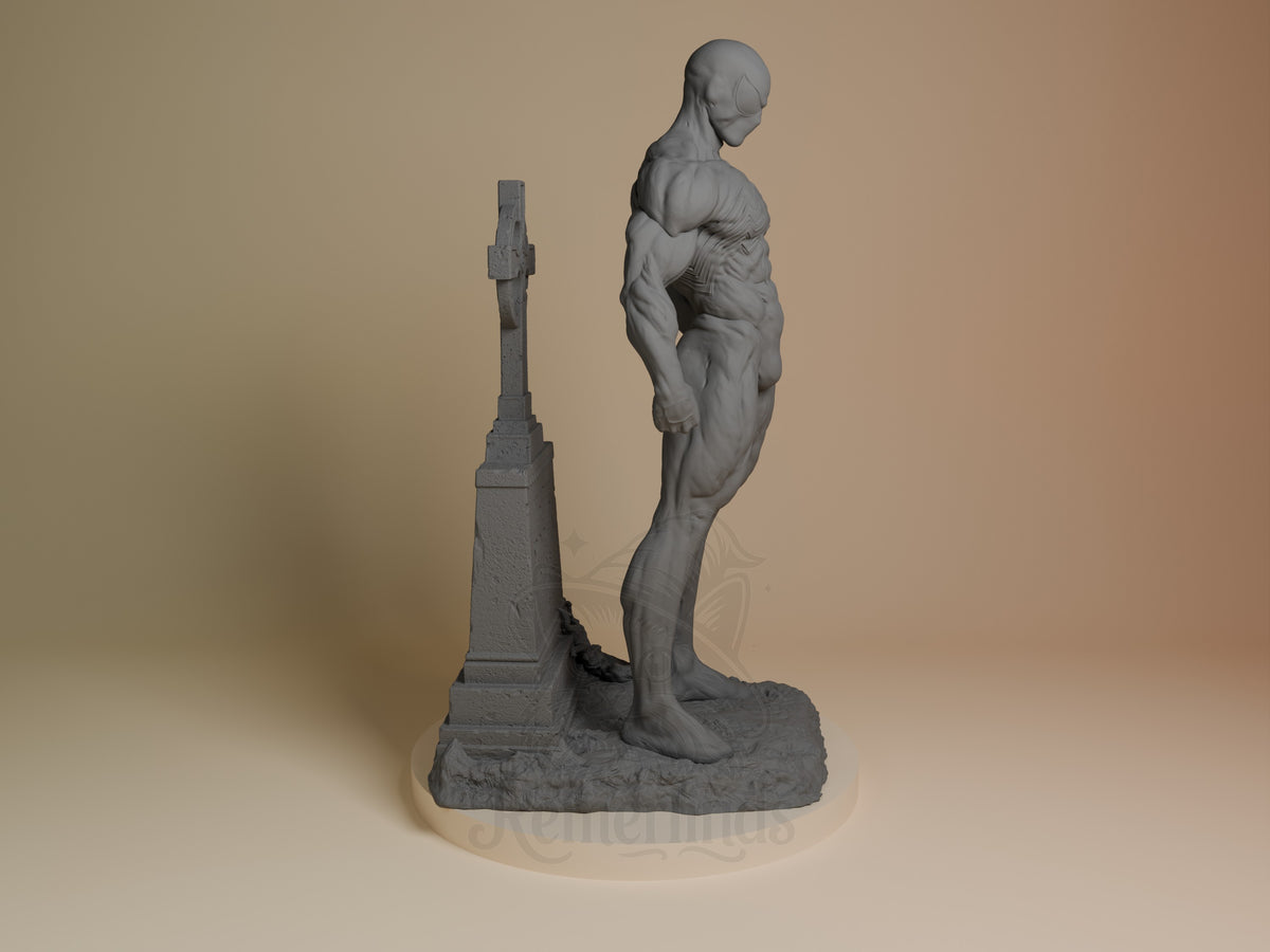 Venom Bonded Hero resin figure shown in right profile, muscular pose beside stone monument base, unpainted gray finish.