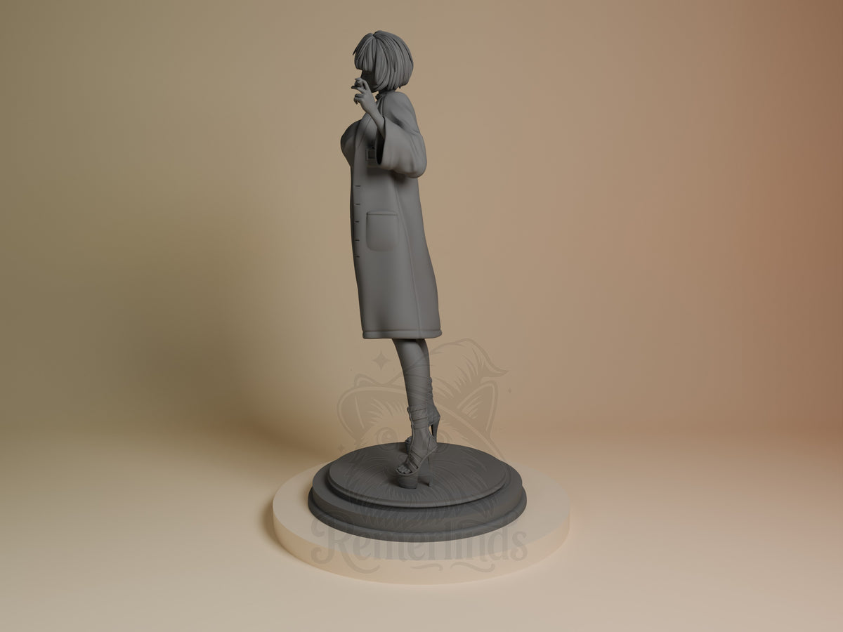 Tae Takemi resin figure from Persona 5 shown in side profile, standing pose on circular base, unpainted gray finish.