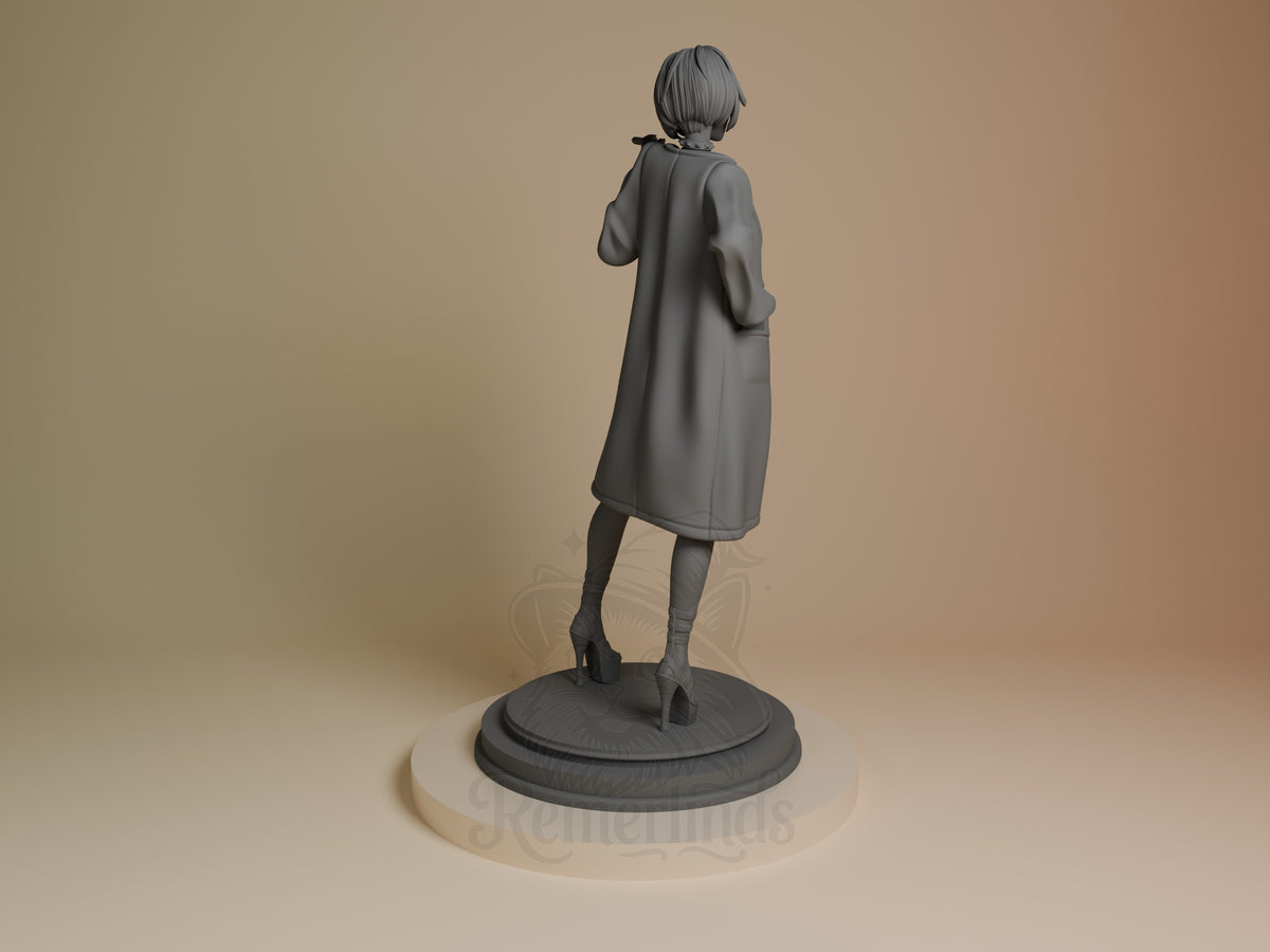 Tae Takemi resin figure from Persona 5, rear view, standing pose in long coat on dark base, unpainted gray prototype.