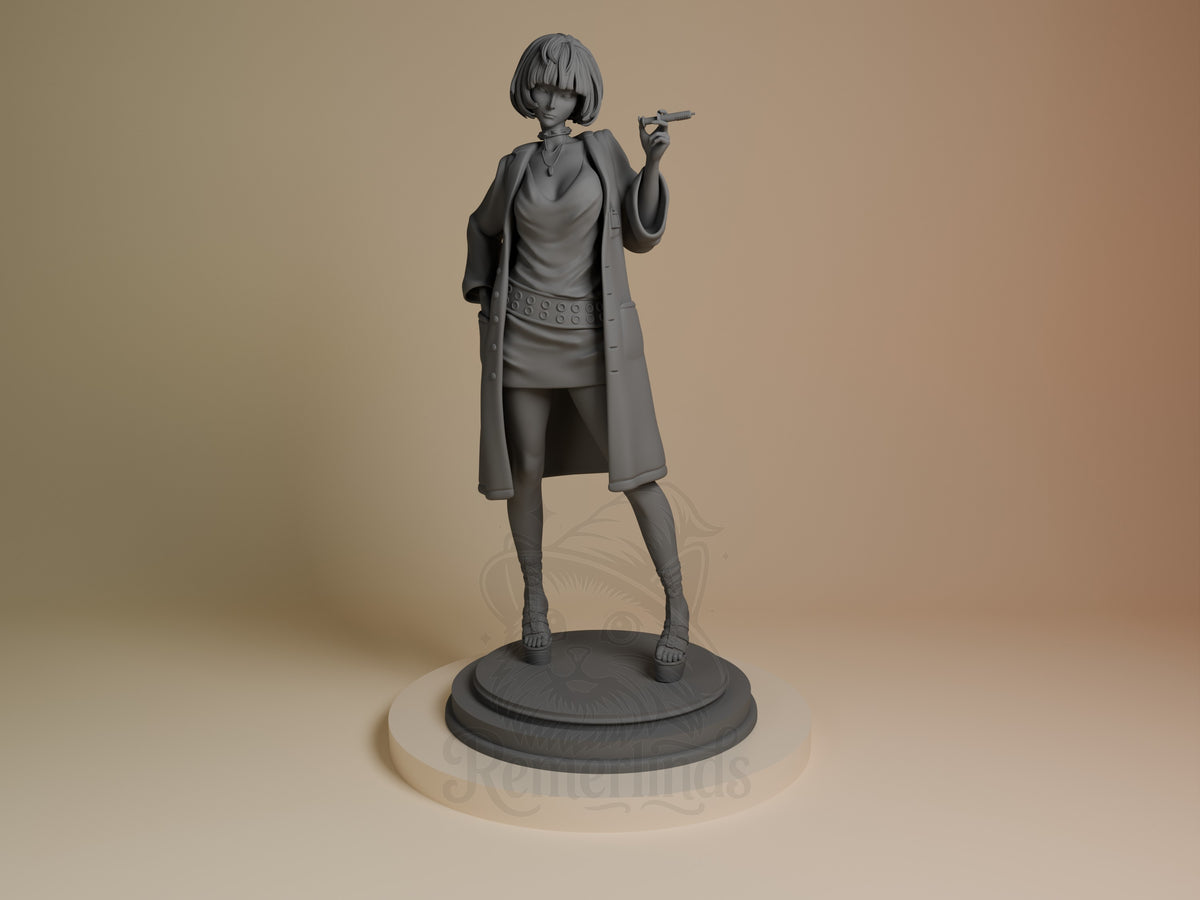Tae Takemi resin figure from Persona 5, unpainted gray, standing pose holding cigarette, long coat, circular base, front view.