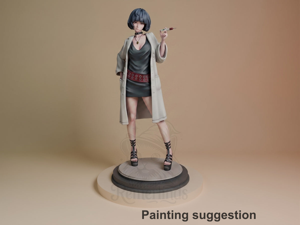 Tae Takemi resin figure standing on circular base, wearing long coat and studded belt, holding syringe, fully painted in gray and black tones.