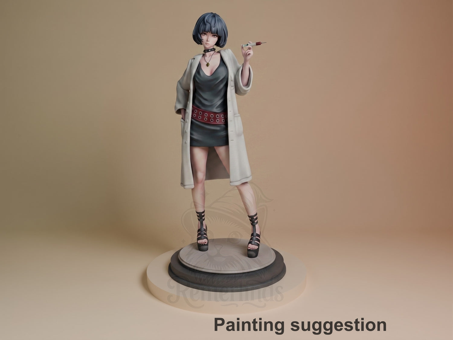 Tae Takemi resin figure standing on circular base, wearing long coat and studded belt, holding syringe, fully painted in gray and black tones.