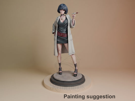 Tae Takemi resin figure standing on circular base, wearing long coat and studded belt, holding syringe, fully painted in gray and black tones.