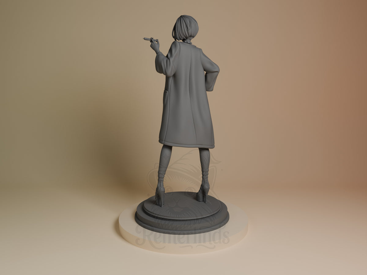 Tae Takemi resin figure from Persona 5 shown from behind, standing on circular base, wearing coat and holding cigarette, unpainted gray finish.