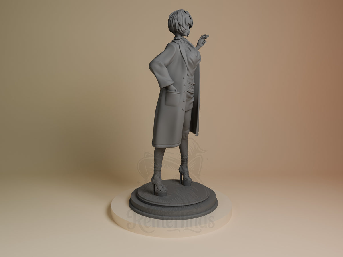 Tae Takemi resin figure from Persona 5, right-side view, unpainted gray, standing pose with hand raised, circular base.