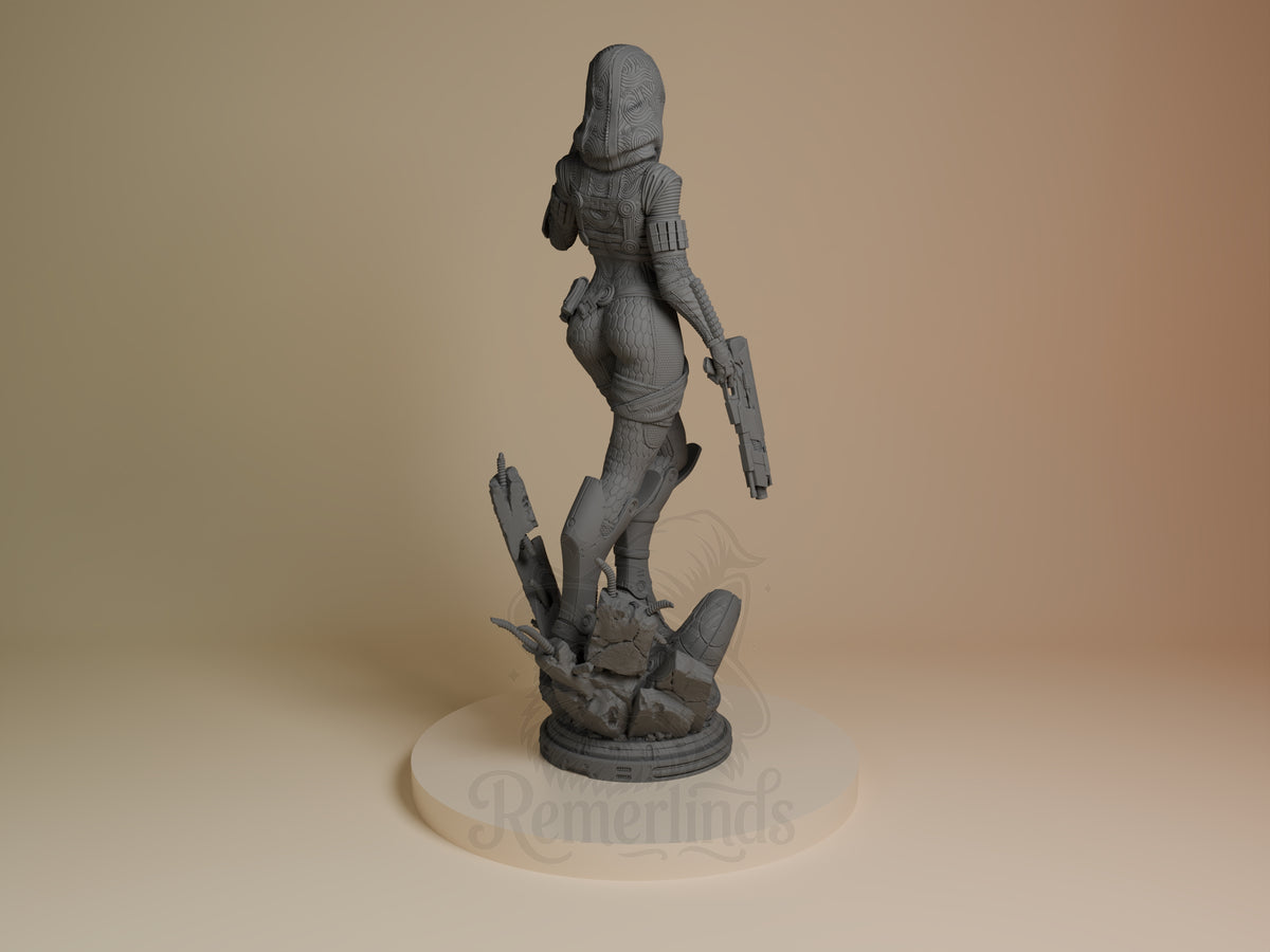 Tali'Zorah Vas Normandy from Mass Effect is an unpainted resin figure shown from behind with a rifle on a sculpted base.