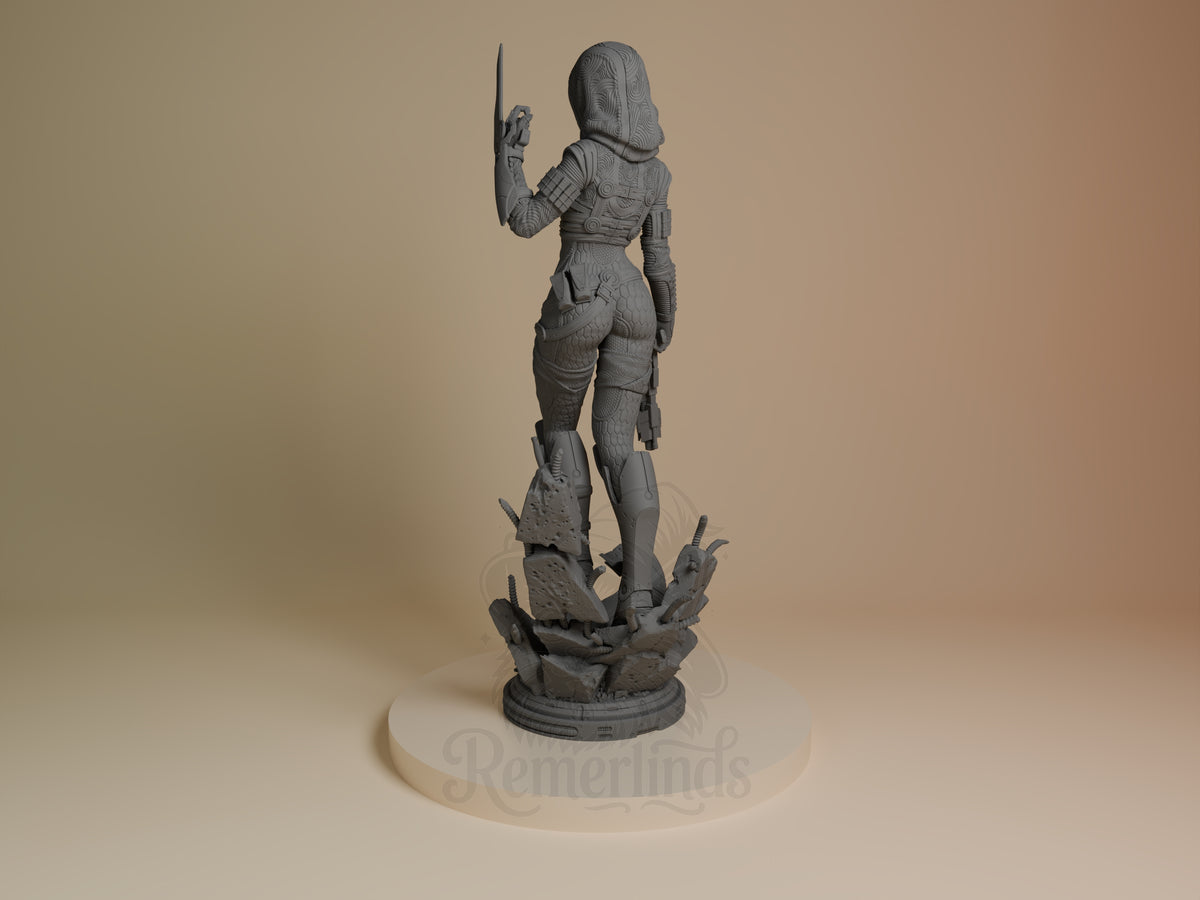 Tali'Zorah Vas Normandy from Mass Effect is an unpainted resin figure viewed from behind on a sculpted base.