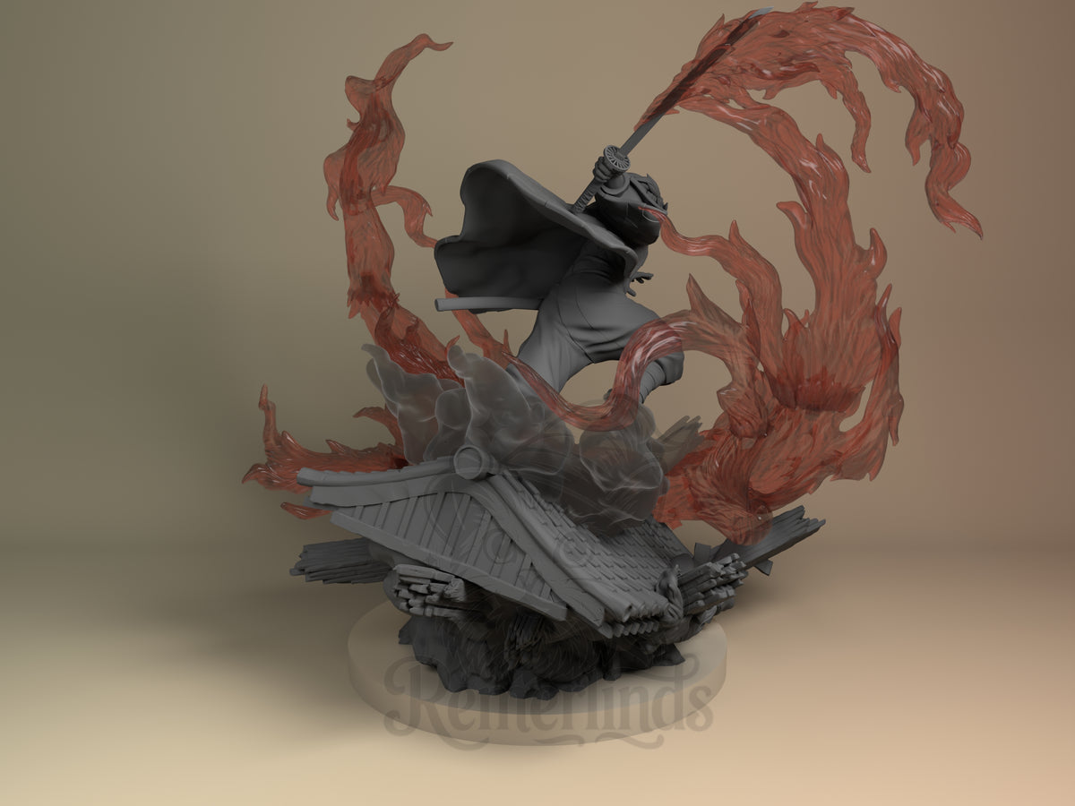 Tanjiro from Demon Slayer, back-view resin figure with raised sword, gray unpainted body, red painted effects, and sculpted .