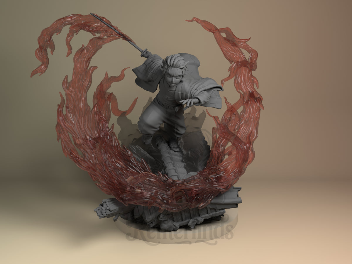 Tanjiro from Demon Slayer resin figure crouches with sword, unpainted, on sculpted base.