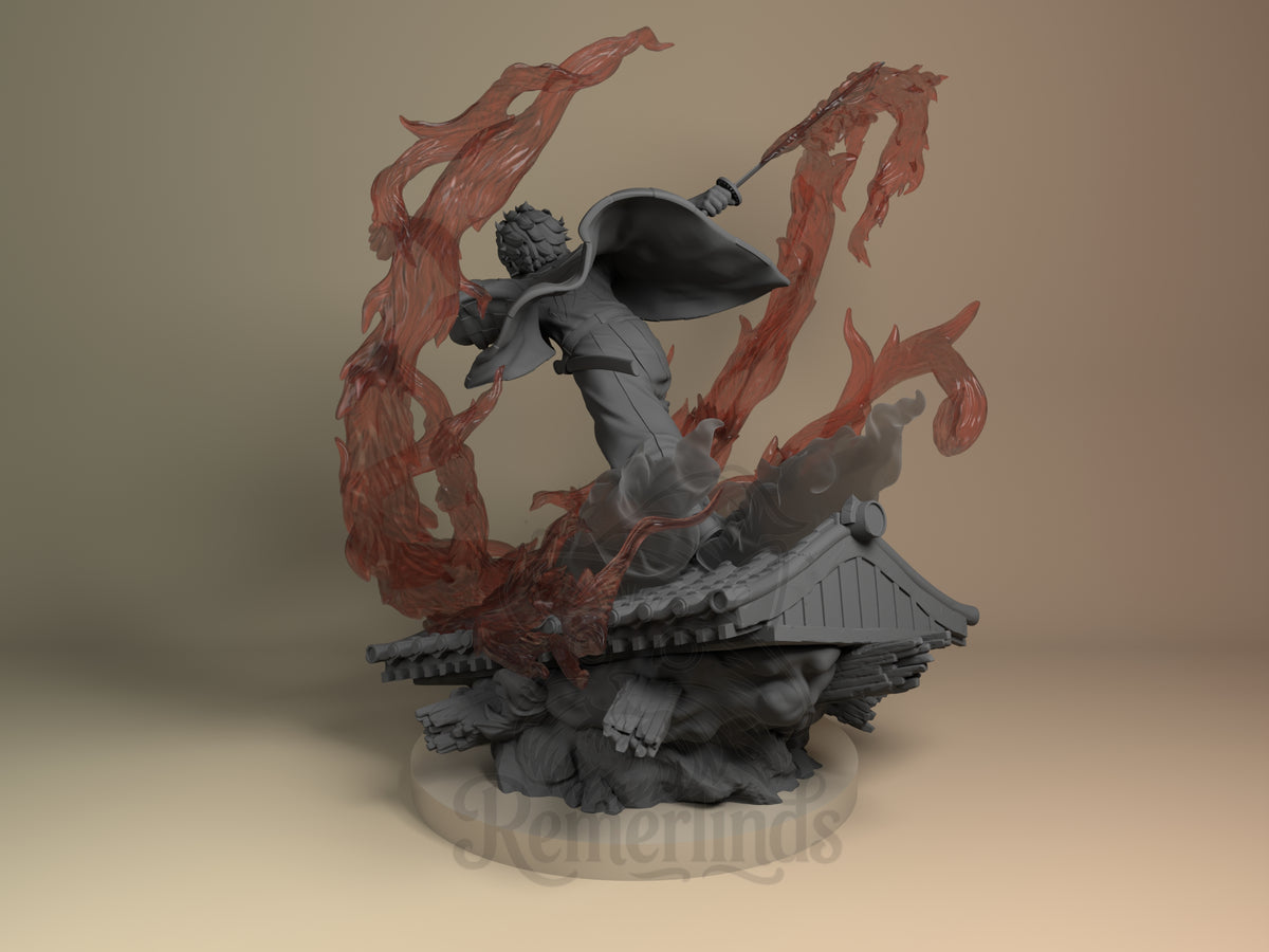 Tanjiro from Demon Slayer is a resin figure, lunging with sword above a gray roof base.