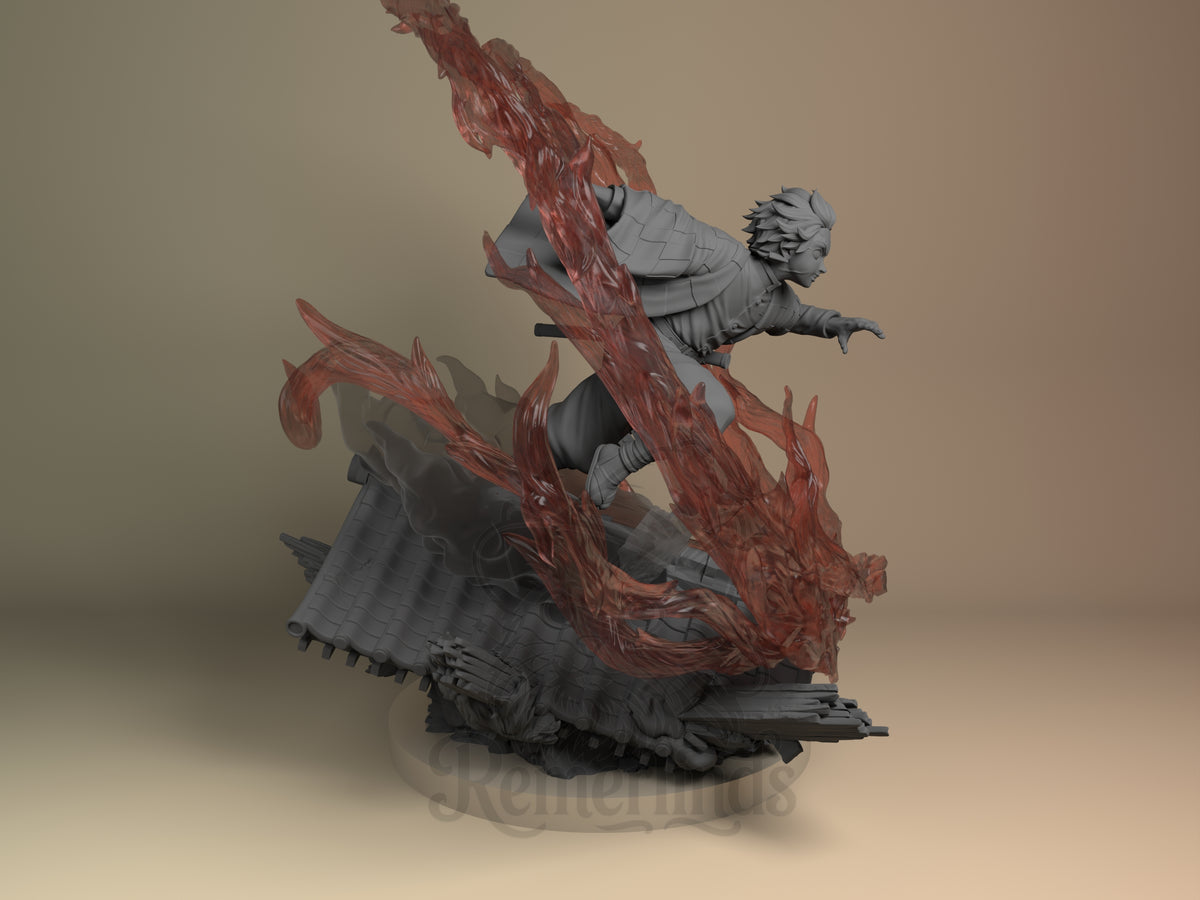 Tanjiro from Demon Slayer lunges rightward above a sculpted base in an unpainted resin figure.