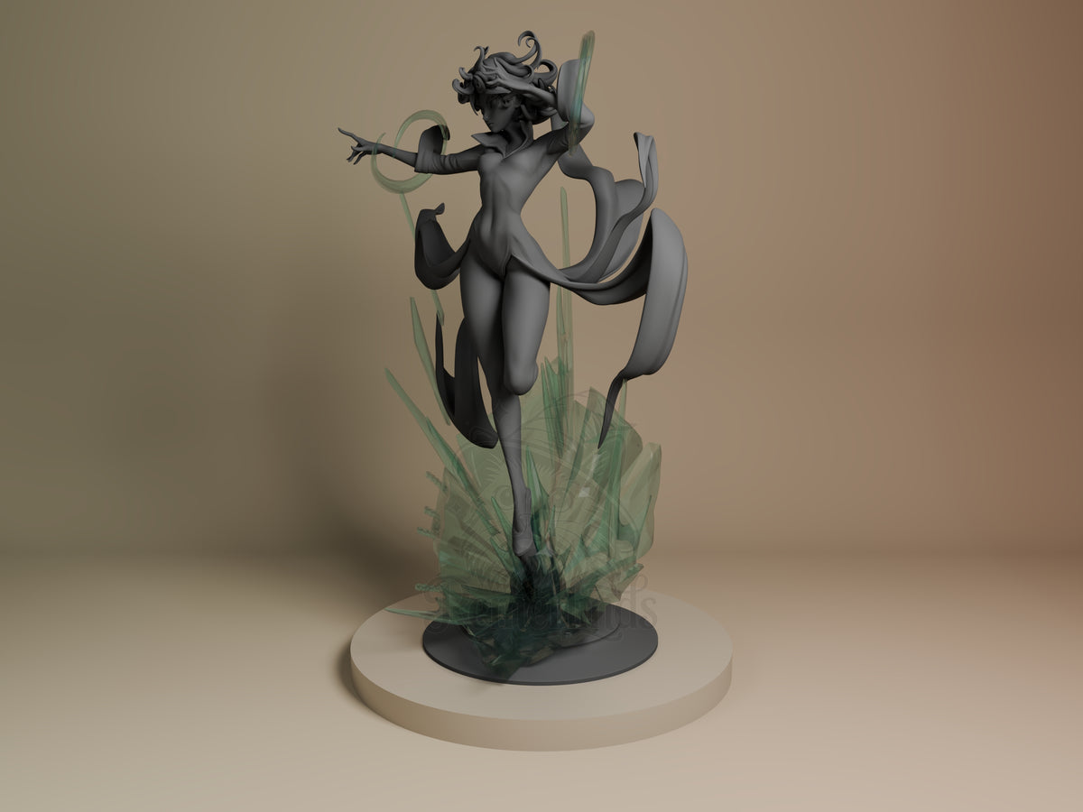 Tatsumaki resin figure in dynamic airborne pose with flowing hair and ribbons, black finish with green translucent base elements, mounted on cream circular base.