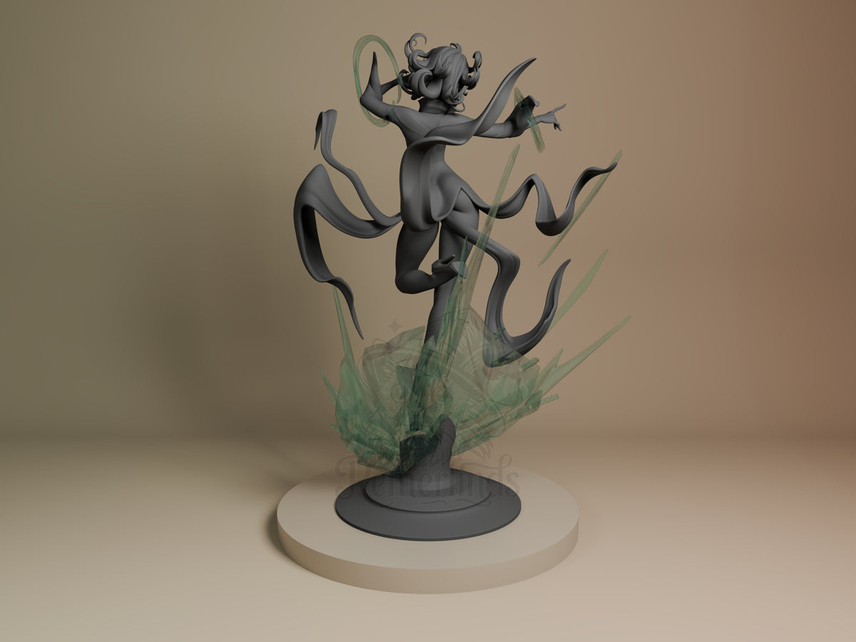 Tatsumaki resin figure from One Punch Man shown from back view, dynamic floating pose with green energy effects, dark unpainted torso, cream base, Bulkamancer print.