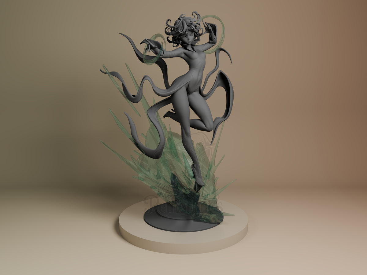 Tatsumaki resin figure from One Punch Man in dynamic mid-air pose with flowing hair and psychic aura effects, viewed from front on cream base.