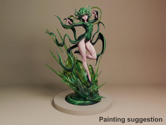 Tatsumaki resin figure in dynamic pose with green hair and tendrils, kneeling on painted base with layered green vegetation details, professional paint job.