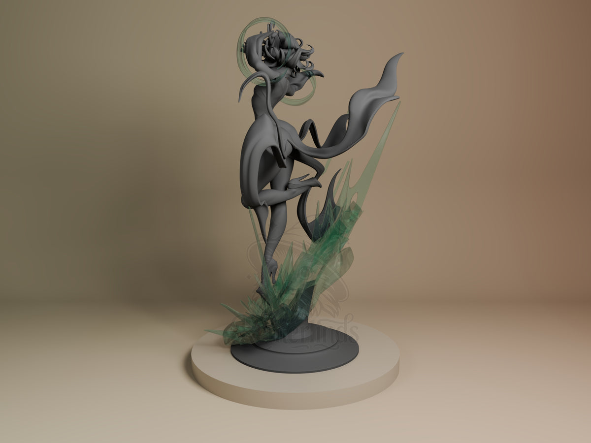 Tatsumaki resin figure from One Punch Man shown from left side, standing pose with flowing hair and dress, unpainted gray with green base elements, on round platform.