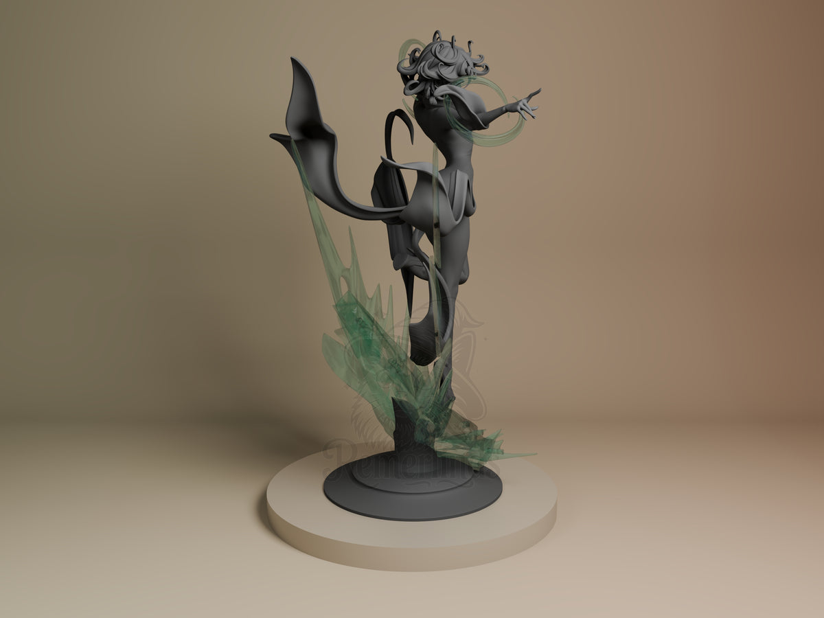 Tatsumaki resin figure shown from the right side, posed mid-action with raised arm, detailed hair sculpt, black painted body, translucent green wing detail, on cream base.