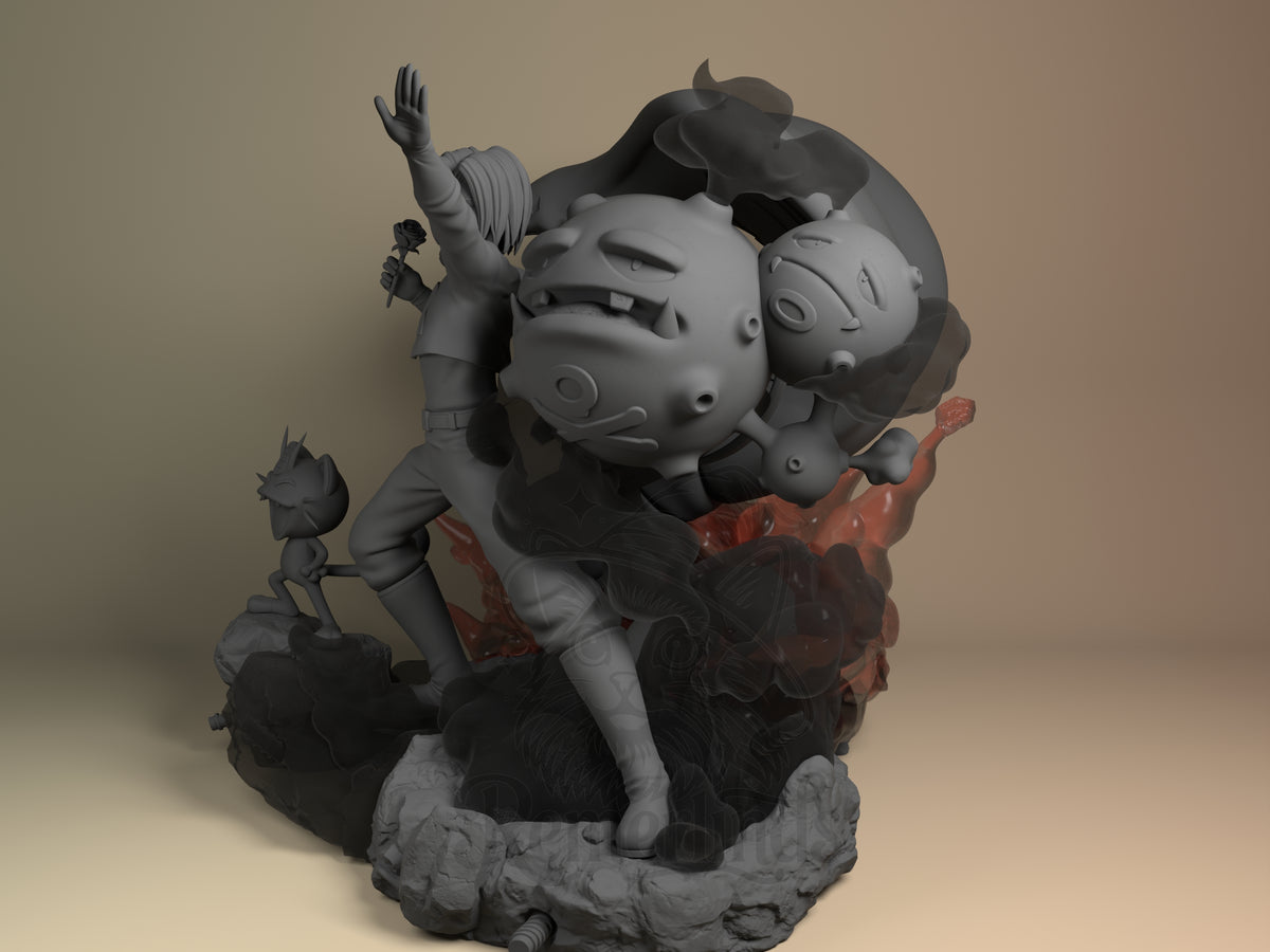 Angled view of Jessie and James from Pokémon, an unpainted resin diorama on a rocky base.