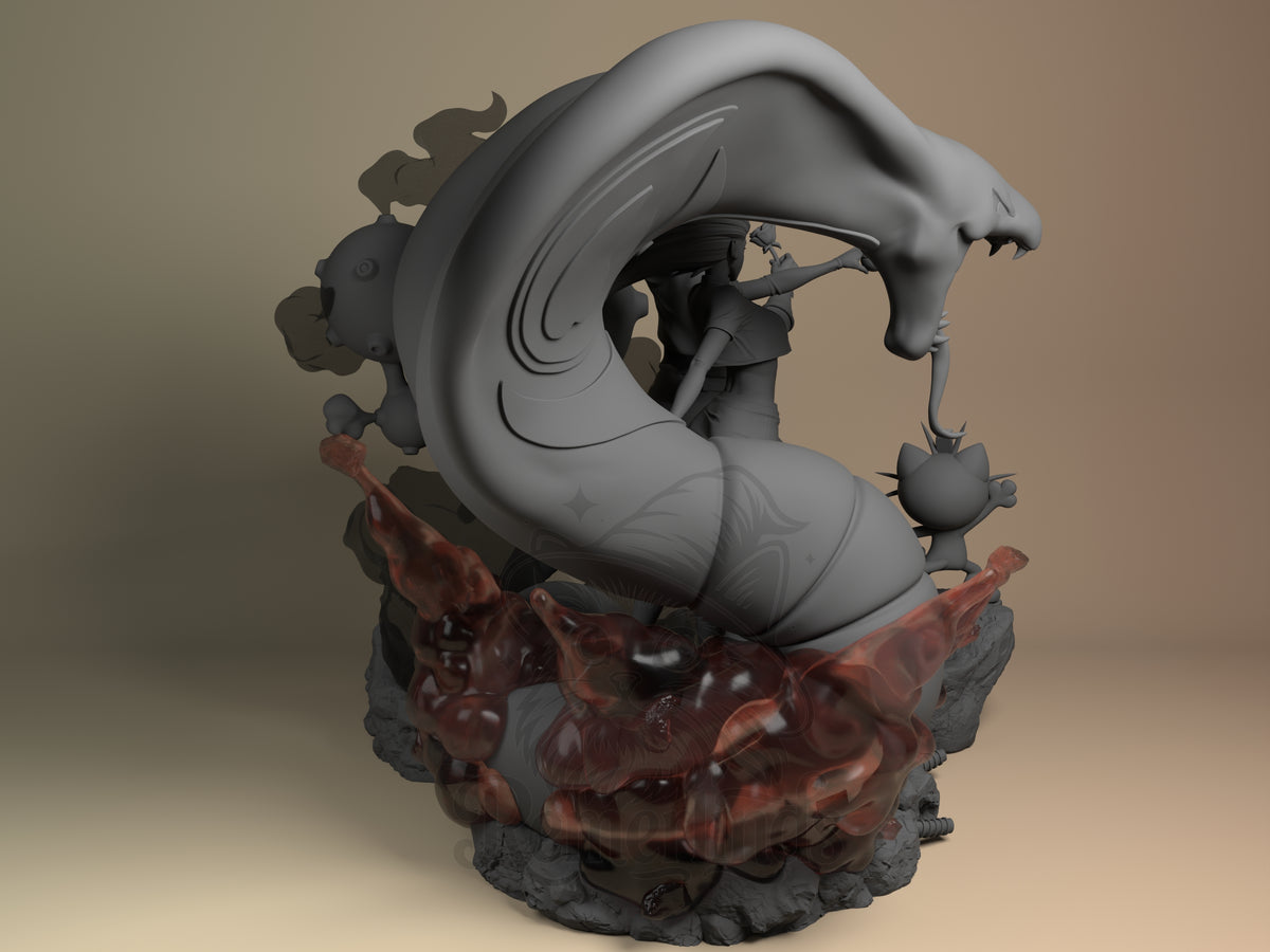 Back view shows Jessie and James from Pokémon behind a creature in an unpainted resin diorama.