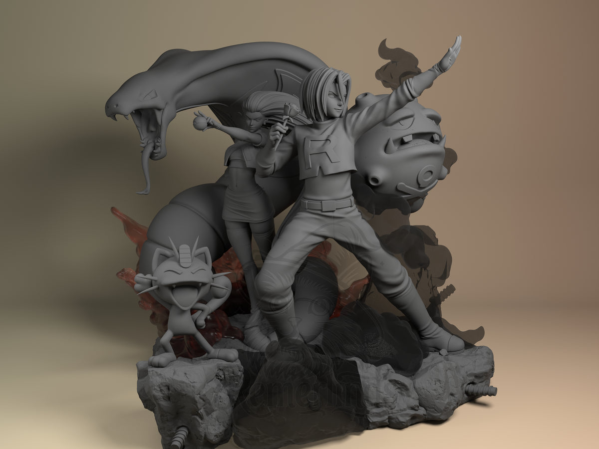 Front view shows Jessie and James from Pokémon posed with Pokémon figures on a sculpted rocky base in an unpainted resin diˈ?