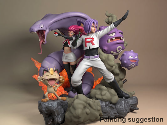 Painted Jessie and James from Pokémon pose with creatures on a rock base in a resin diorama.