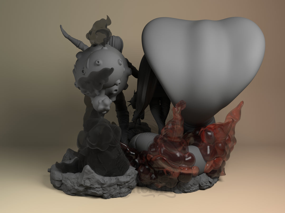 Left-angle Jessie and James from Pokémon resin diorama, mostly unpainted gray with red accents.